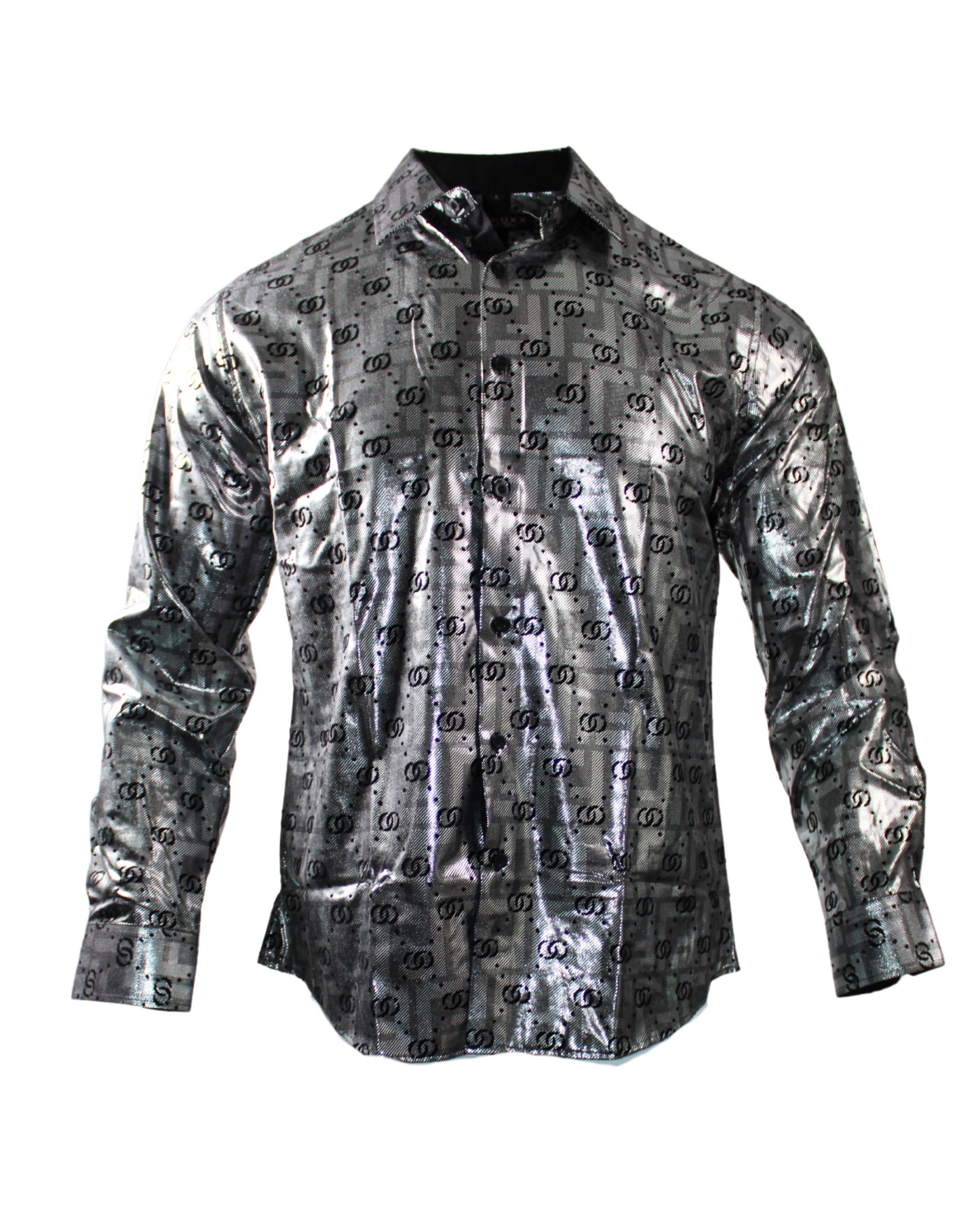 Men's Shirt Long Sleeve Silver With Black