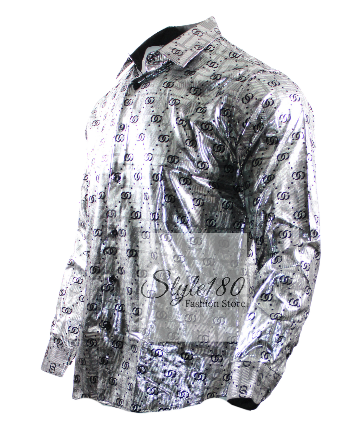 Men's Shirt Long Sleeve Silver With Black