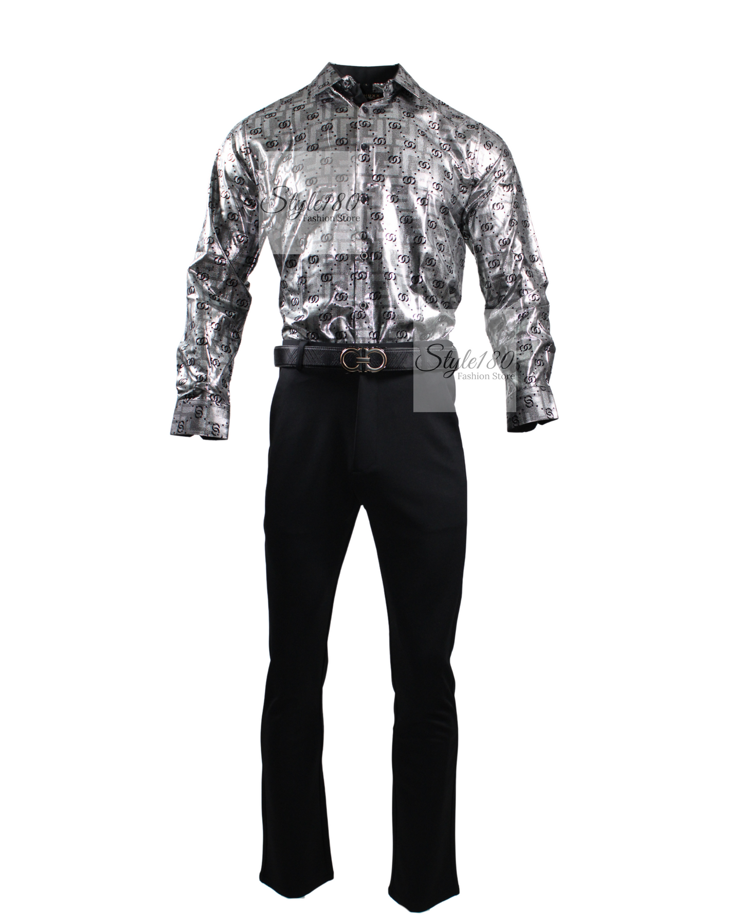 Men's Shirt Long Sleeve Silver With Black
