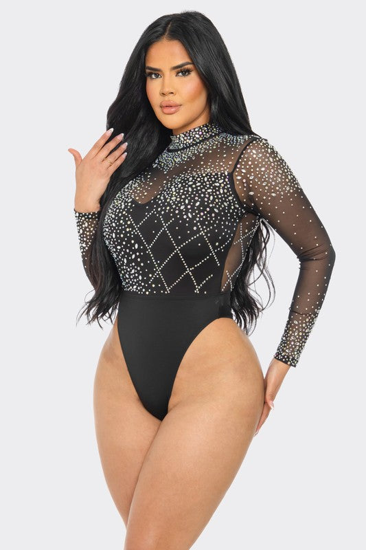 Rhinestone Mock Neck Long Sleeve Bodysuit