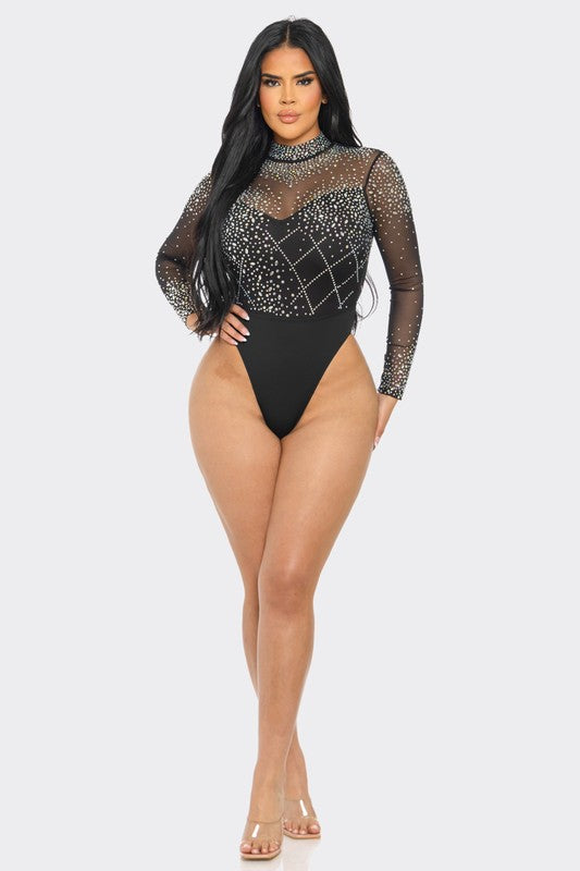 Rhinestone Mock Neck Long Sleeve Bodysuit