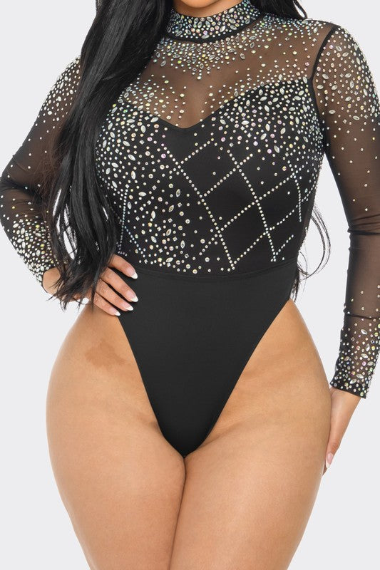 Rhinestone Mock Neck Long Sleeve Bodysuit