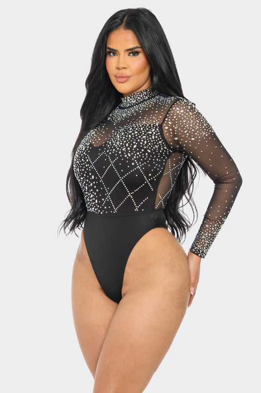 Rhinestone Mock Neck Long Sleeve Bodysuit