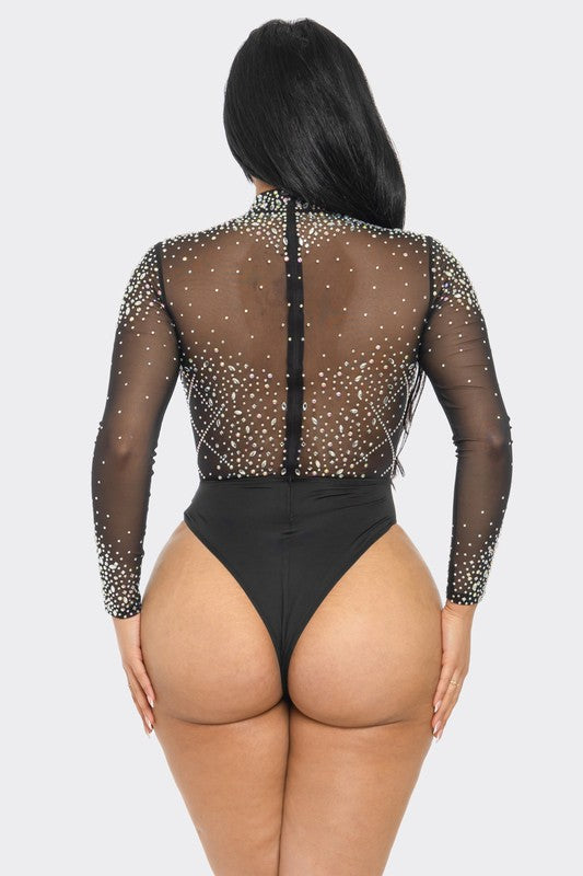 Rhinestone Mock Neck Long Sleeve Bodysuit