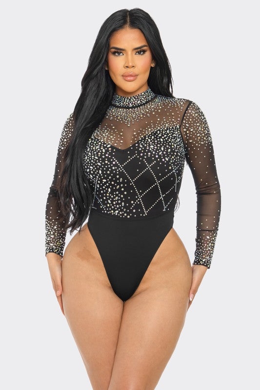 Rhinestone Mock Neck Long Sleeve Bodysuit