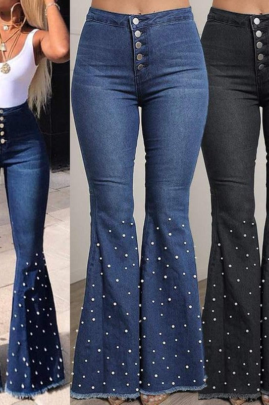 Stretch Jeans Casual Beaded Flared Pants