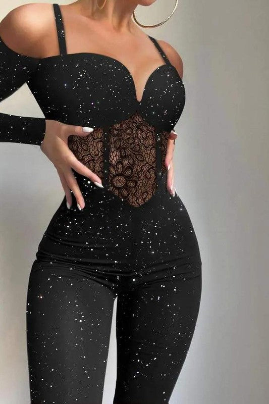 COLD SHOULDER CONTRAST LACE CORSET JUMPSUIT