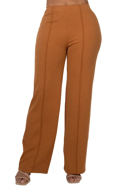 Straight Leg Ribbed Pants Caramel Color High Stretch