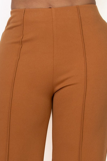 Straight Leg Ribbed Pants Caramel Color High Stretch