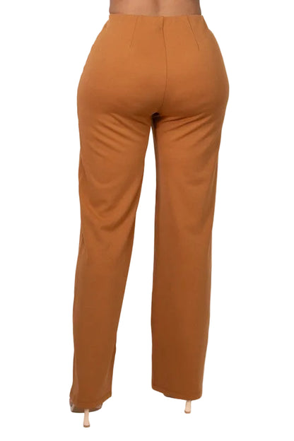 Straight Leg Ribbed Pants Caramel Color High Stretch