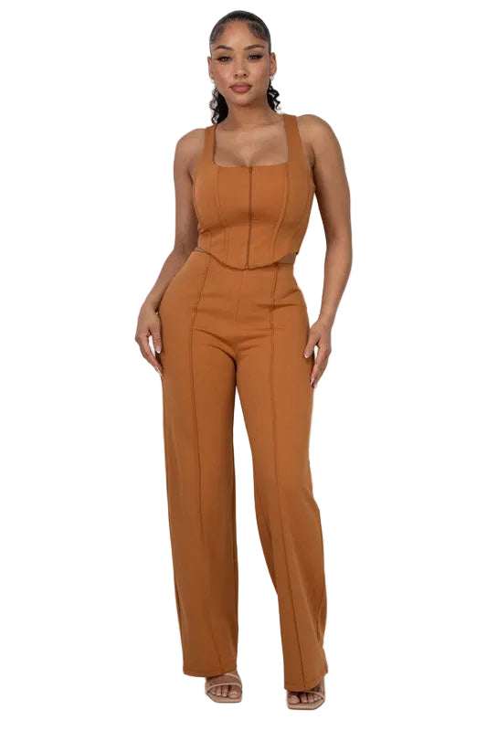 Straight Leg Ribbed Pants Caramel Color High Stretch