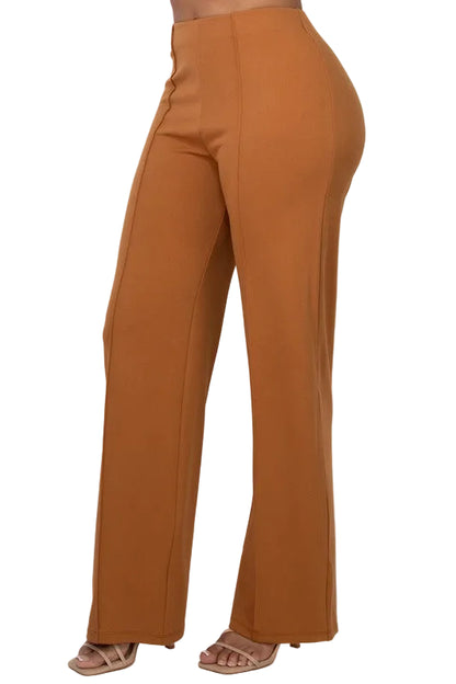 Straight Leg Ribbed Pants Caramel Color High Stretch