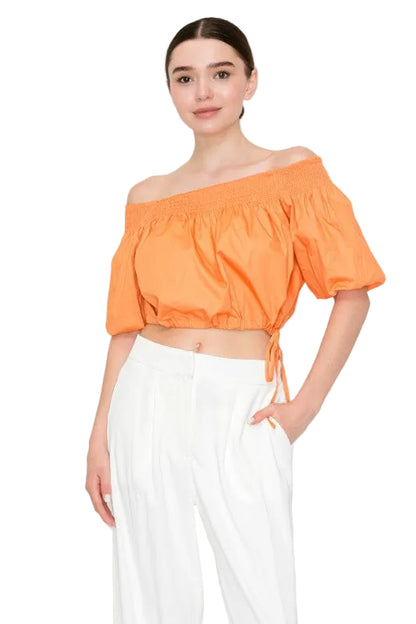 Off Shoulder Crop Top With Adjustable Waist Tie High Stretch