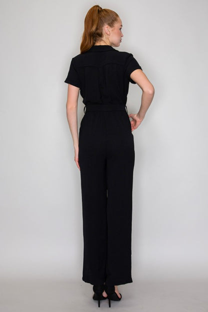 Women Belted Jumpsuit Black Notch Collar