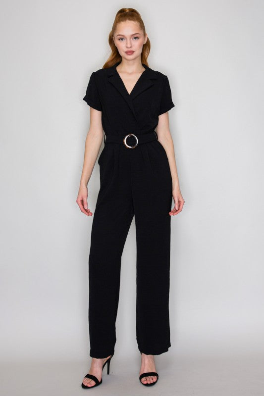 Women Belted Jumpsuit Black Notch Collar