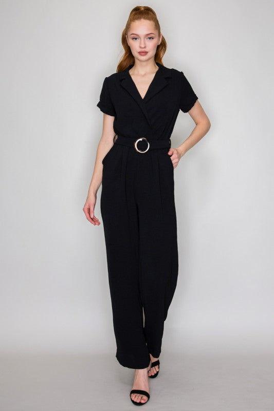 Women Belted Jumpsuit Black Notch Collar