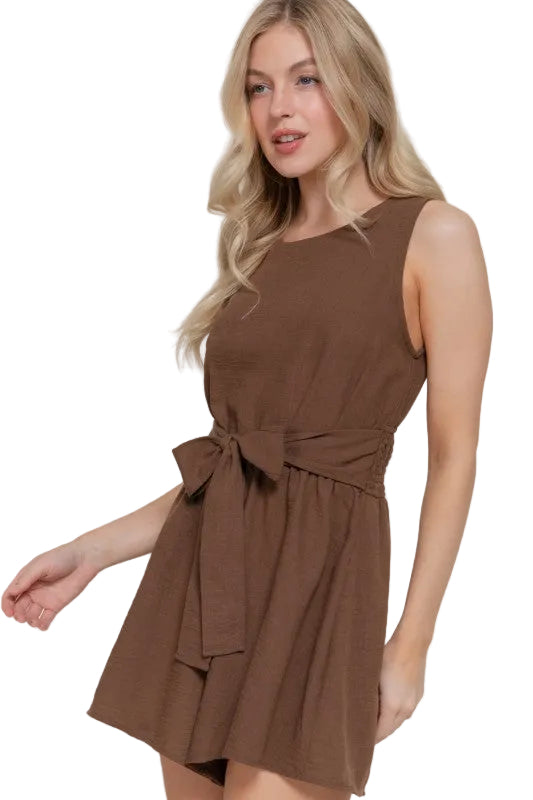 Brown Romper Linen Knotted Sleeveless High Stretch