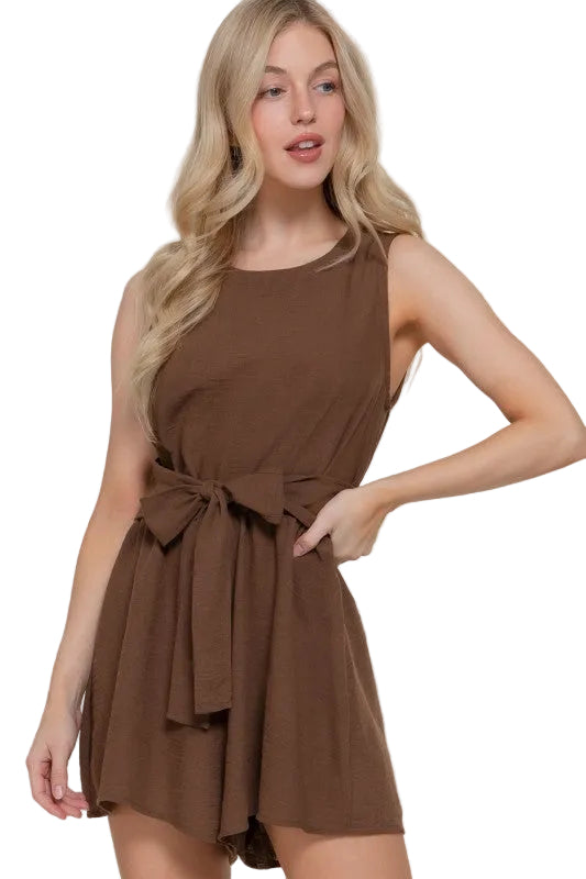 Brown Romper Linen Knotted Sleeveless High Stretch