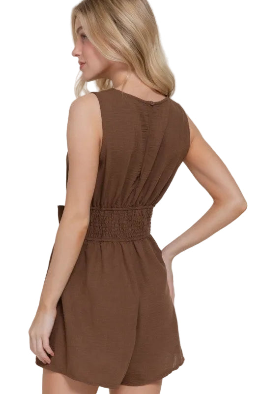 Brown Romper Linen Knotted Sleeveless High Stretch