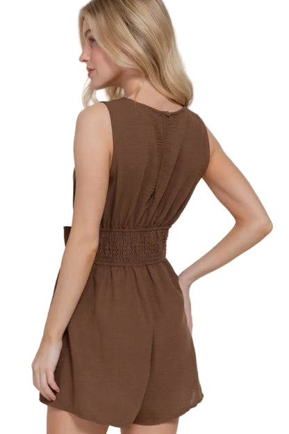 Brown Romper Linen Knotted Sleeveless High Stretch