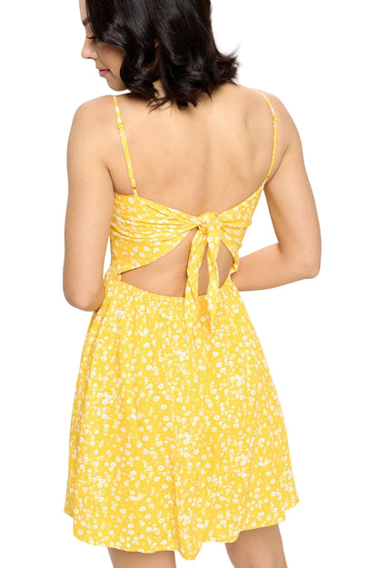 Floral Yellow Dress With Back Tie High Stretch Adjustable Bust Back Tie