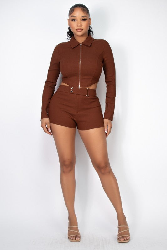 Double Button Mini Shorts Belted Brown