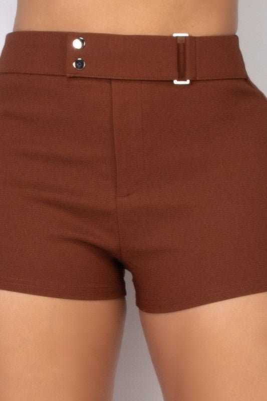 Double Button Mini Shorts Belted Brown