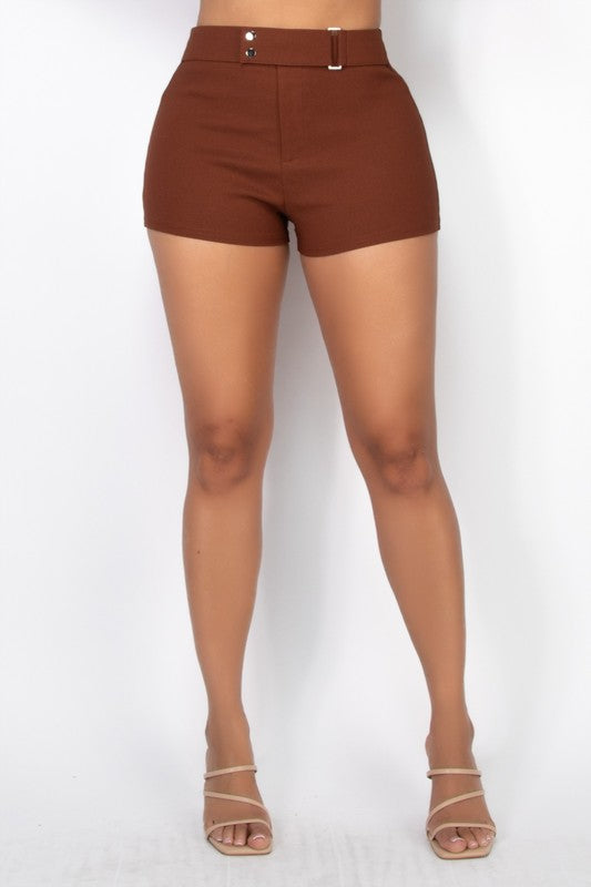 Double Button Mini Shorts Belted Brown