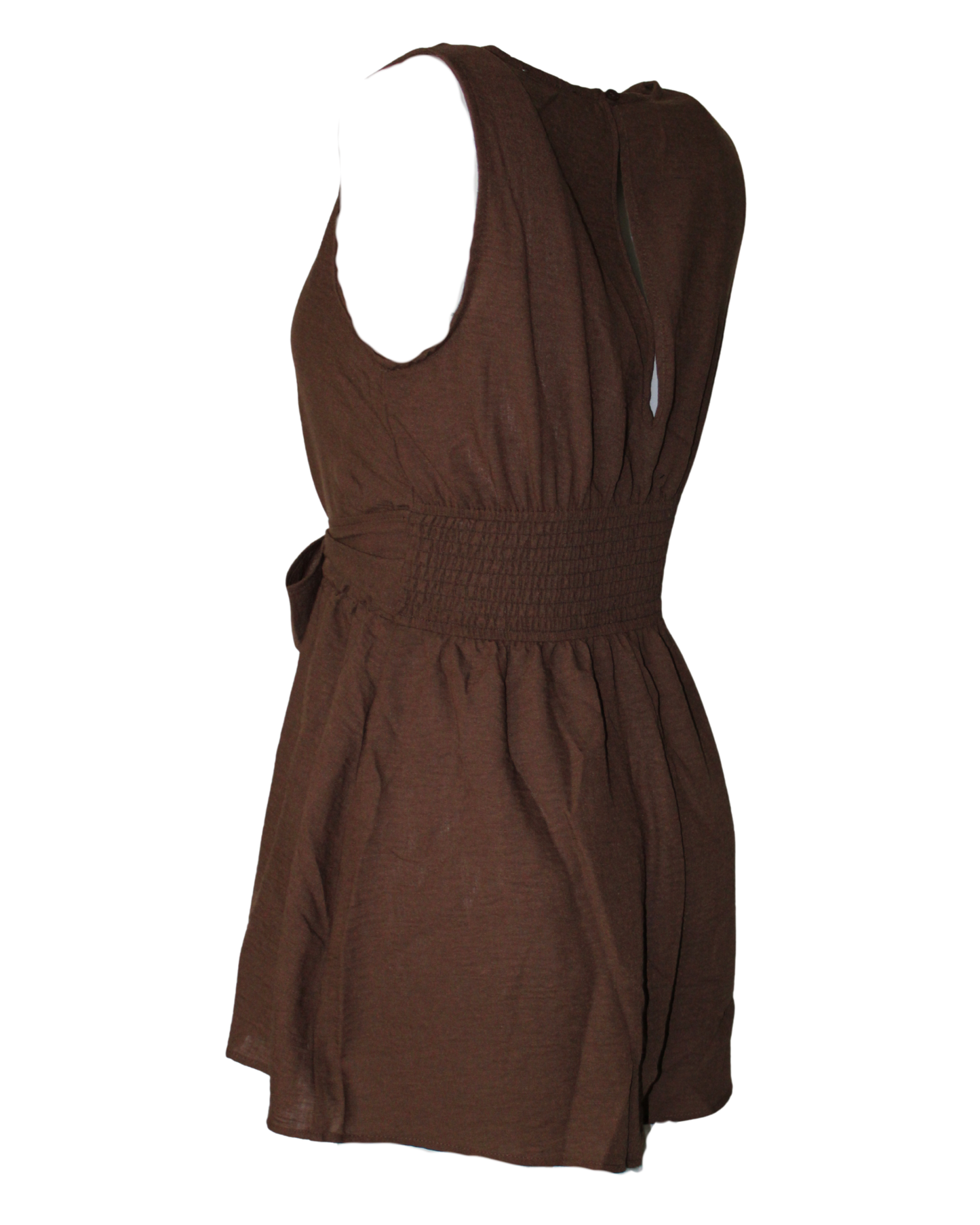 Brown Romper Linen Knotted Sleeveless High Stretch