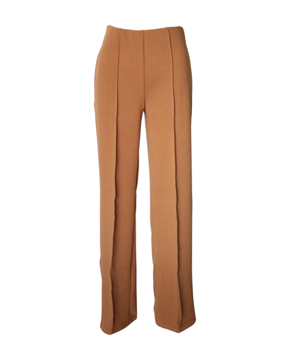 Straight Leg Ribbed Pants Caramel Color High Stretch