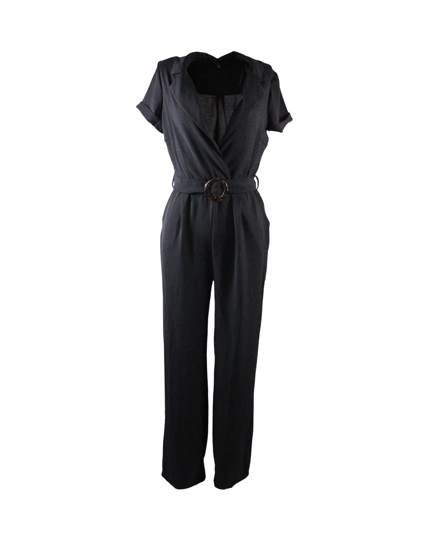 Women Belted Jumpsuit Black Notch Collar