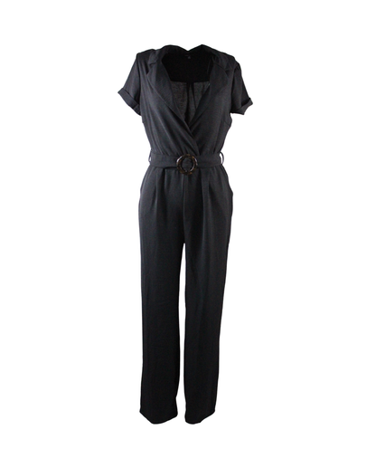Women Belted Jumpsuit Black Notch Collar