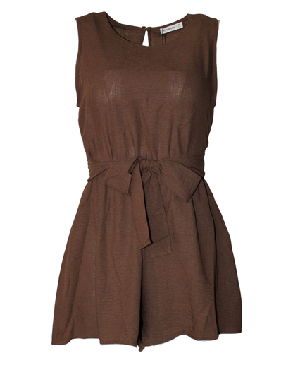 Brown Romper Linen Knotted Sleeveless High Stretch