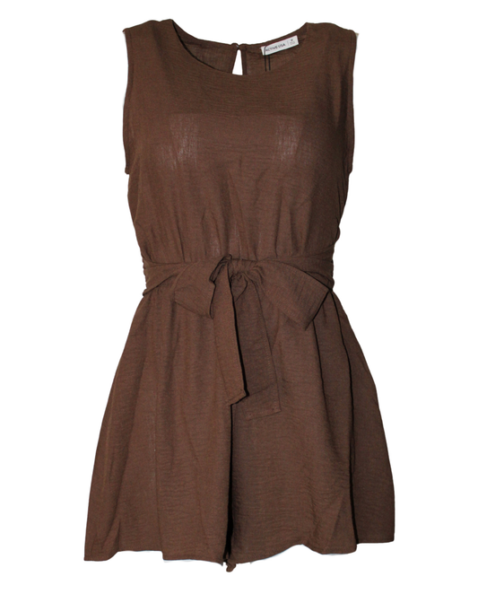 Brown Romper Linen Knotted Sleeveless High Stretch