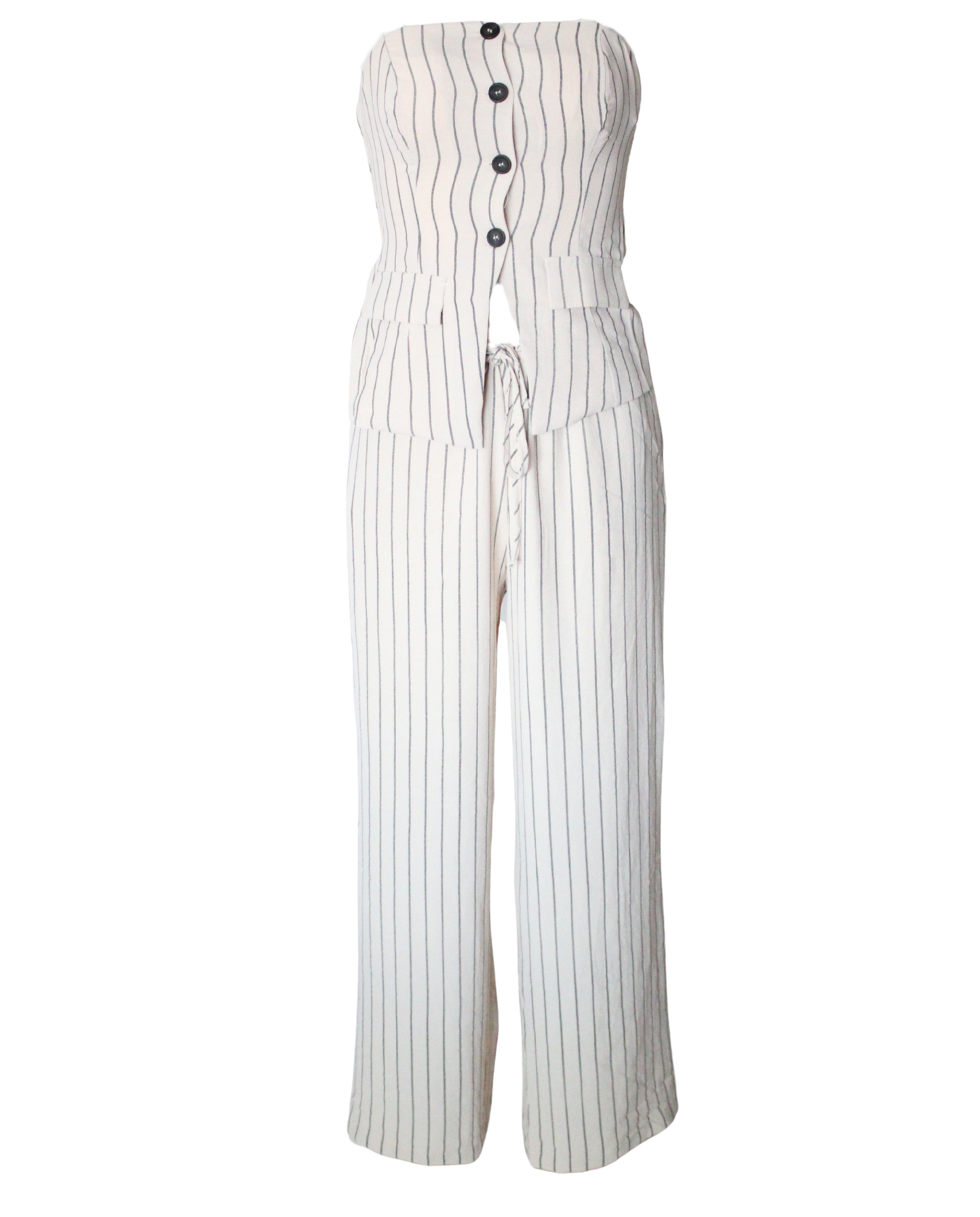 2pc Set Stripe Pattern Strapless Button Down And Wide Leg Pants