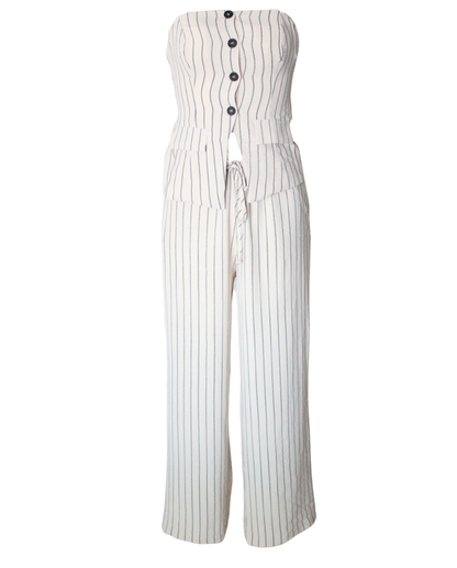 2pc Set Stripe Pattern Strapless Button Down And Wide Leg Pants