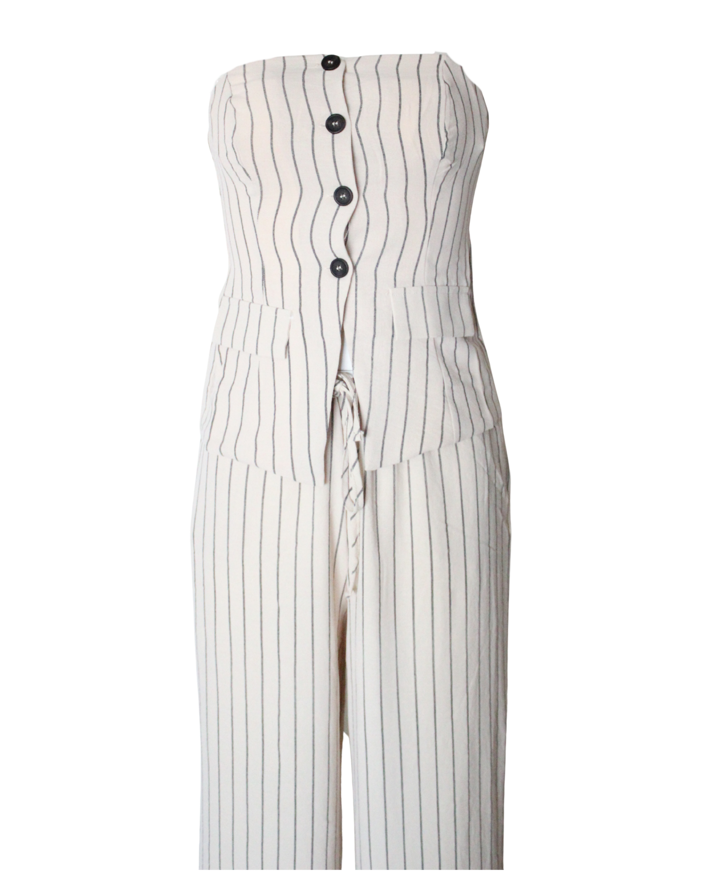 2pc Set Stripe Pattern Strapless Button Down And Wide Leg Pants