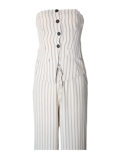 2pc Set Stripe Pattern Strapless Button Down And Wide Leg Pants