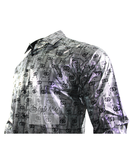 Men's Shirt Long Sleeve Silver With Black