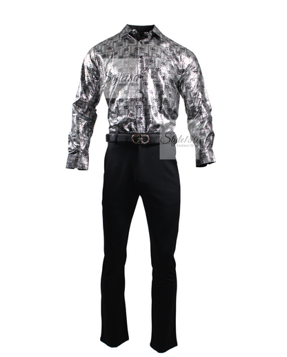 Men's Shirt Long Sleeve Silver With Black